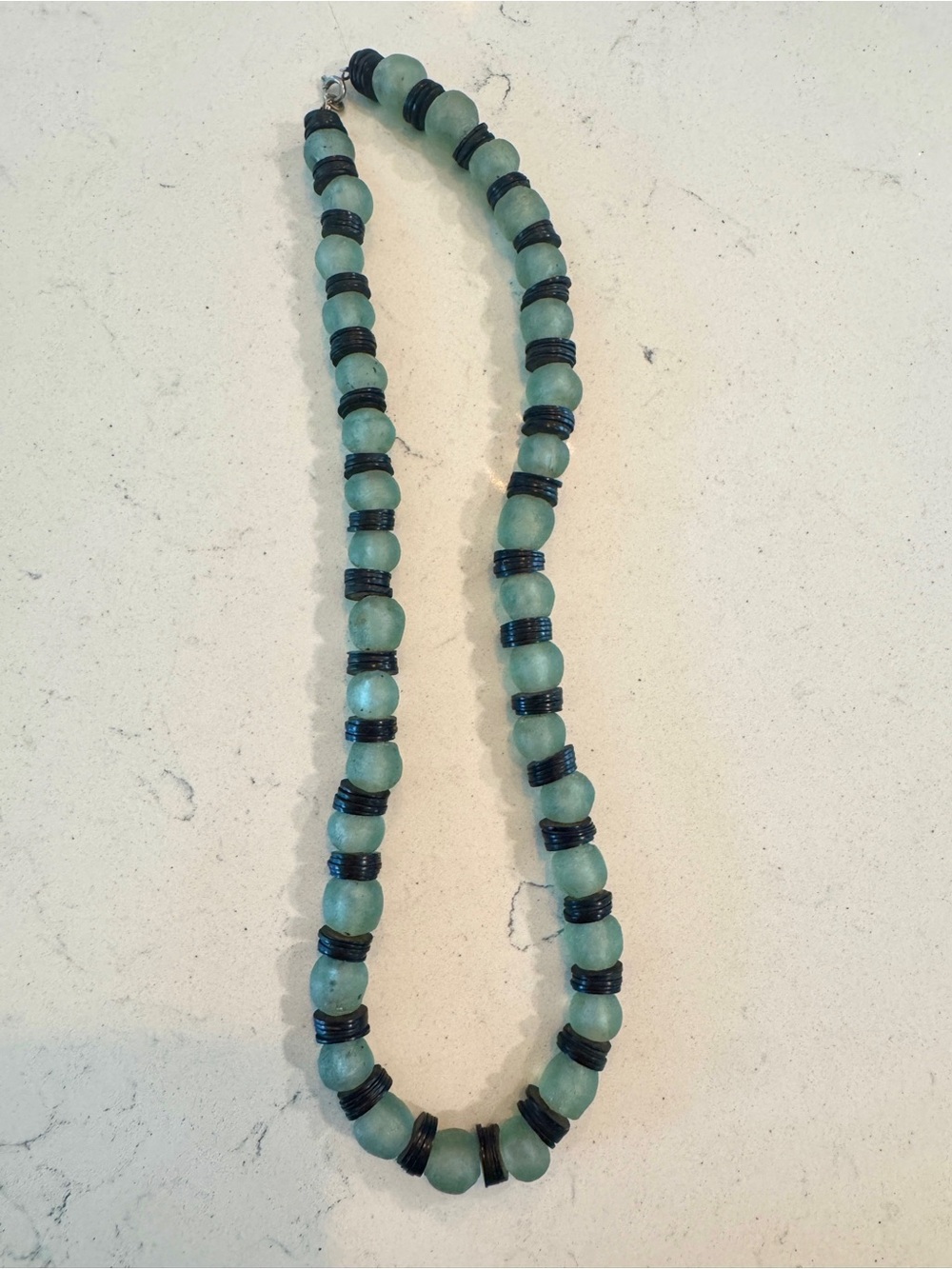 Handmade Sea Glass Bead Necklace from Senegal - turquoise and black